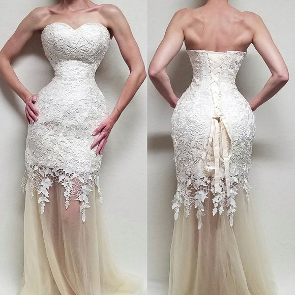 Bridal Ivory Lace Trumpet Mesh Sleeveless Sweetheart Neckline Tulle Maxi Dress - Picture 1 of 15